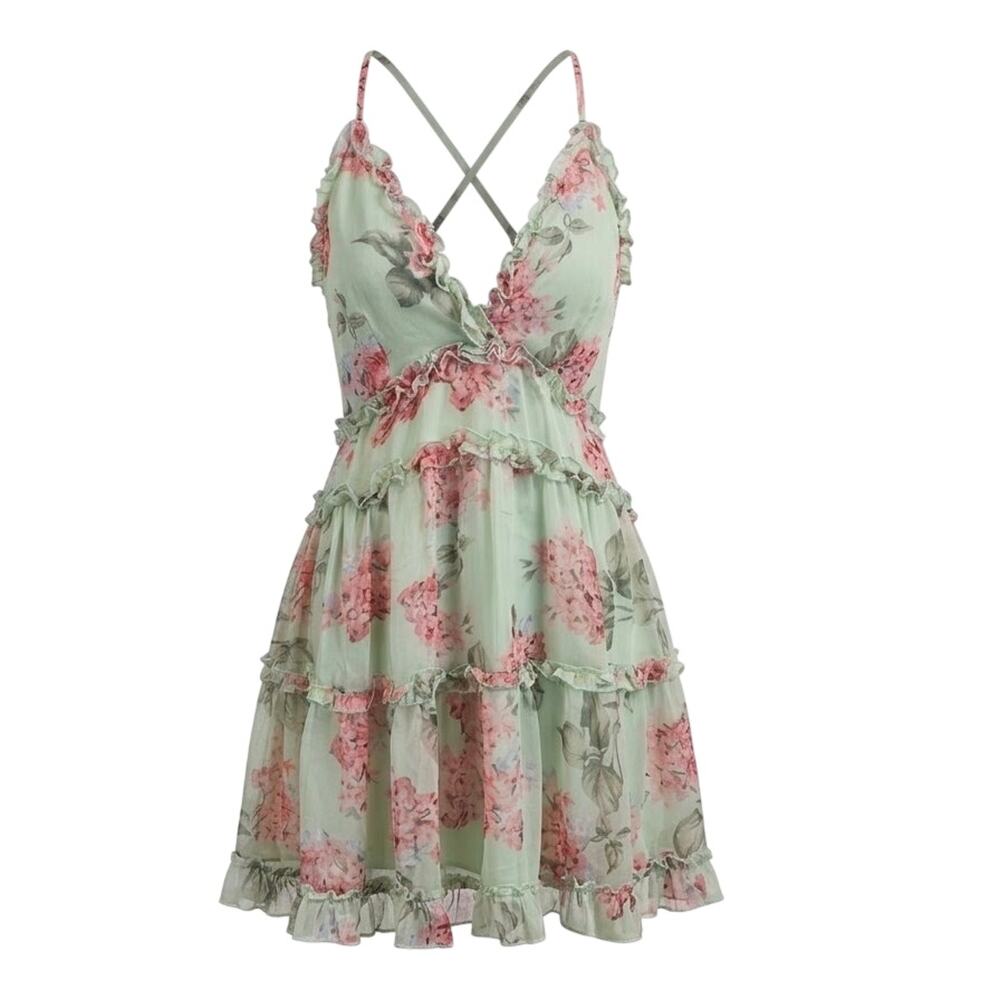 The Vintage Shop Floral Tiered Ruffle Mini Dress Chiffon Sage Pink Small